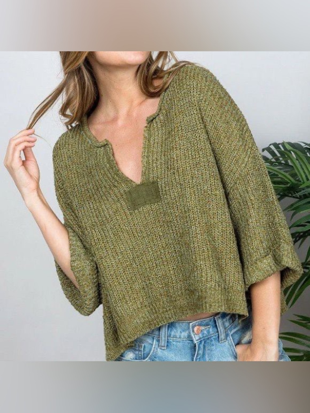 mahina Olive Green Knit V Notch knit military Pullover medium